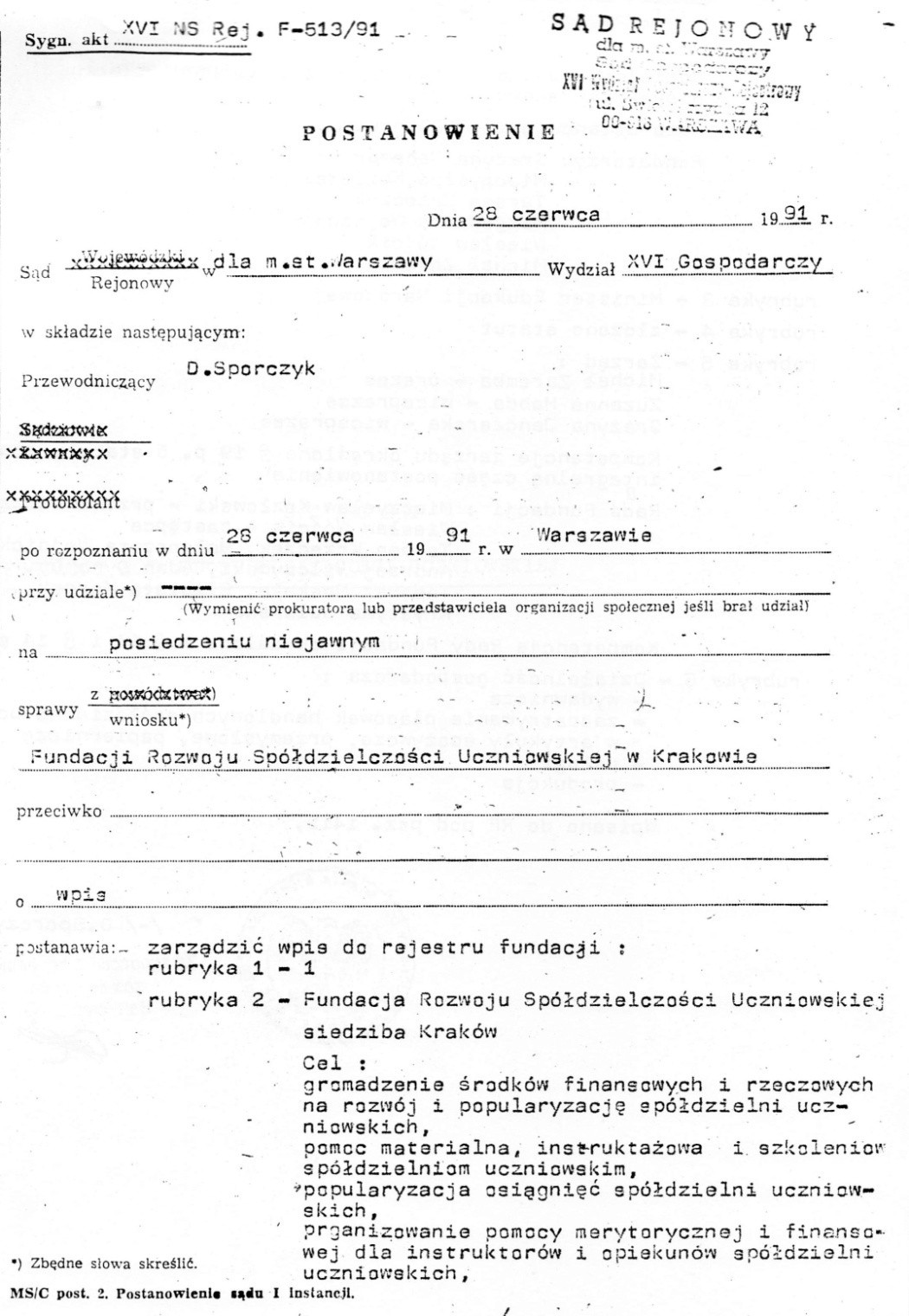 FRSU - Sąd Rejonowy - Postanowienie - Wpis do rejestru fundacji