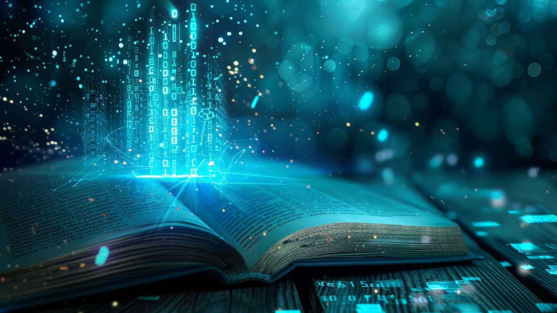 Otwarta książka z nałożonym efektem danych cyfrowych (zdjęcie z banku zdjęć)