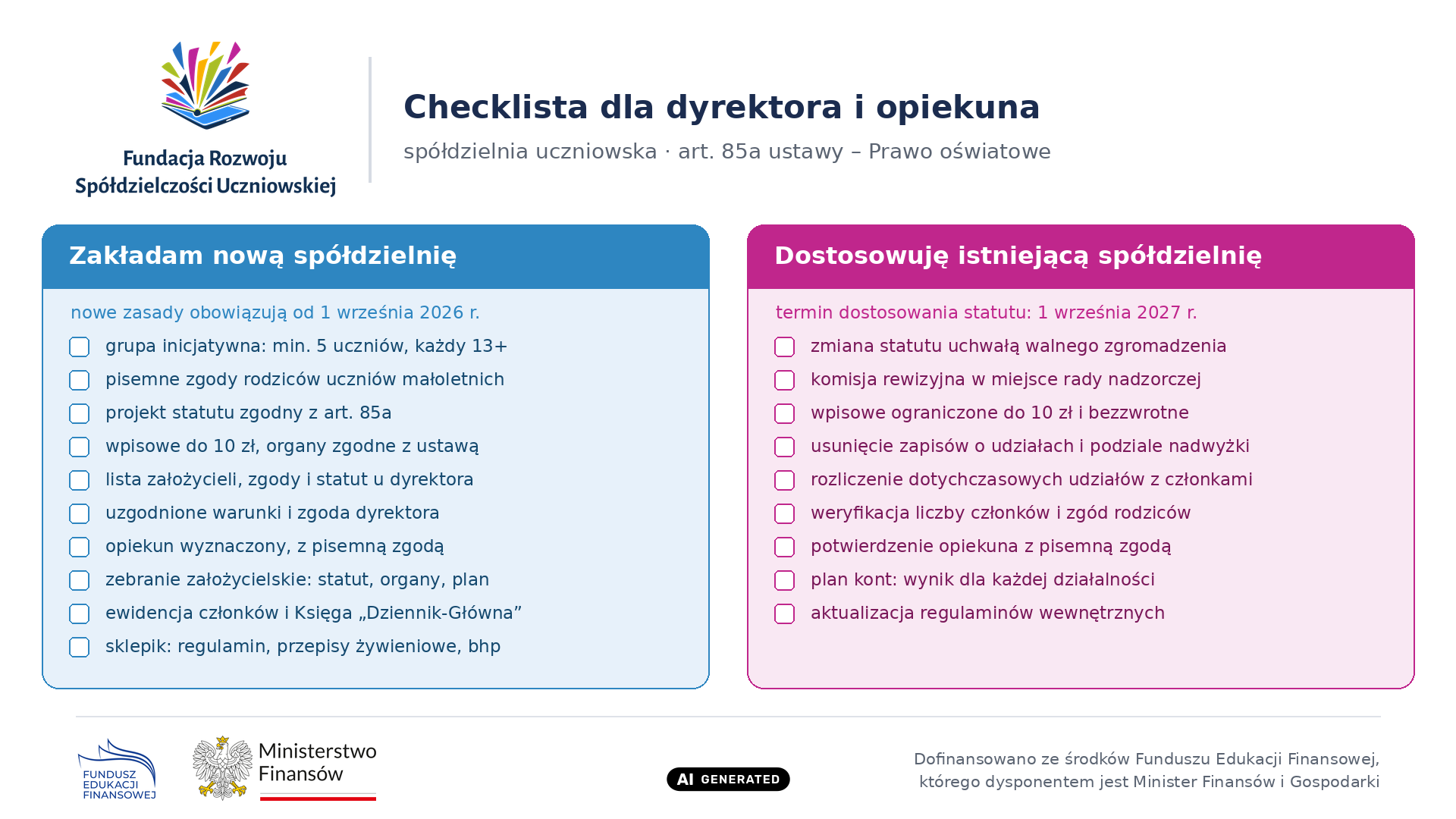Spółdzielnie Uczniowskie - Zakładanie nowej albo dostosowywanie starej do nowych przepisów - Checklista dla dyrektora i opiekuna